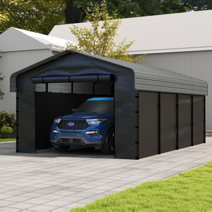 Real Relax 12'x20' Heavy Duty Metal Carport, Outdoor Garage Car Shelter Shade with Galvanized Roof & Removable Sidewalls, Heavier Metal Frame for Car and Boats, Truck Grey
