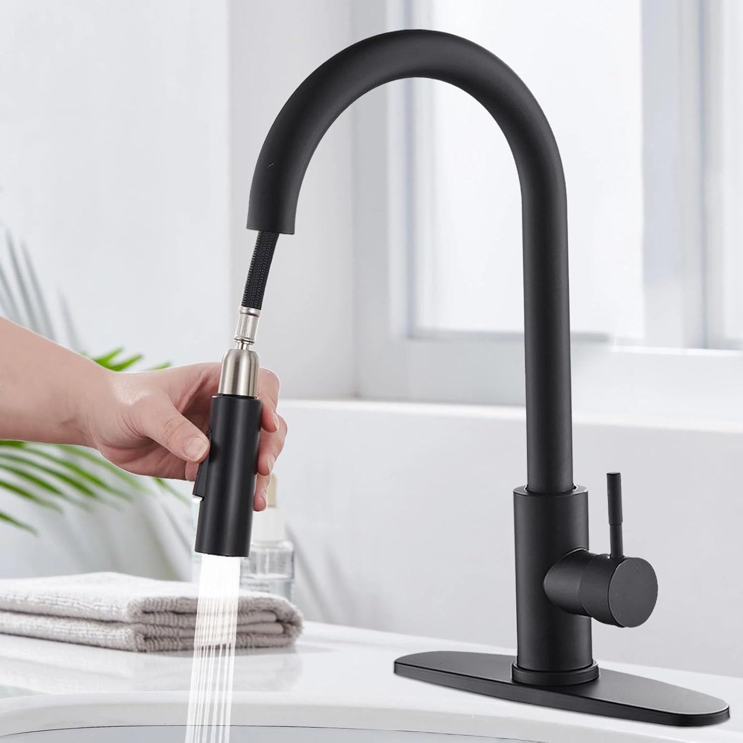 Kottwca Kitchen Sink Mixer Taps with Pull Out Spray, 360° Swivel Single Handle High Arc Pull Down Stainless Steel Kitchen Mixer Tap, Replacement Bar Tap W/Base Plate, Suitable for Single&Double Sinks