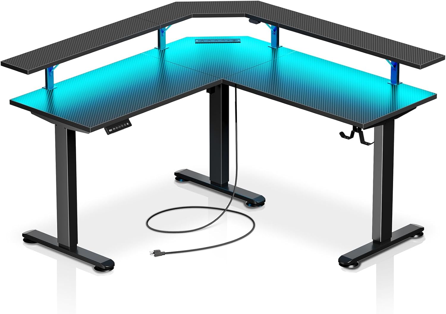 Rolanstar Standing Desk L Shaped with LED Light and Power Outlet, Electric Height Adjustable Desk with Monitor Stand, Carbon Fiber