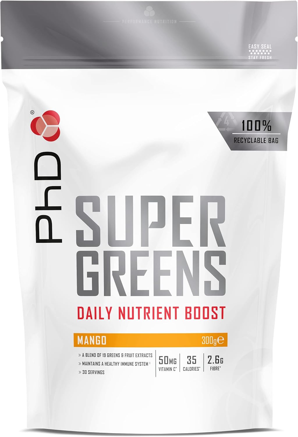 PhD Nutrition Super Greens Powder, Mango Flavour, High Fibre Low Sugar, Blend of 18 Nutrient Rich Fruits and Vegetables, 300 g