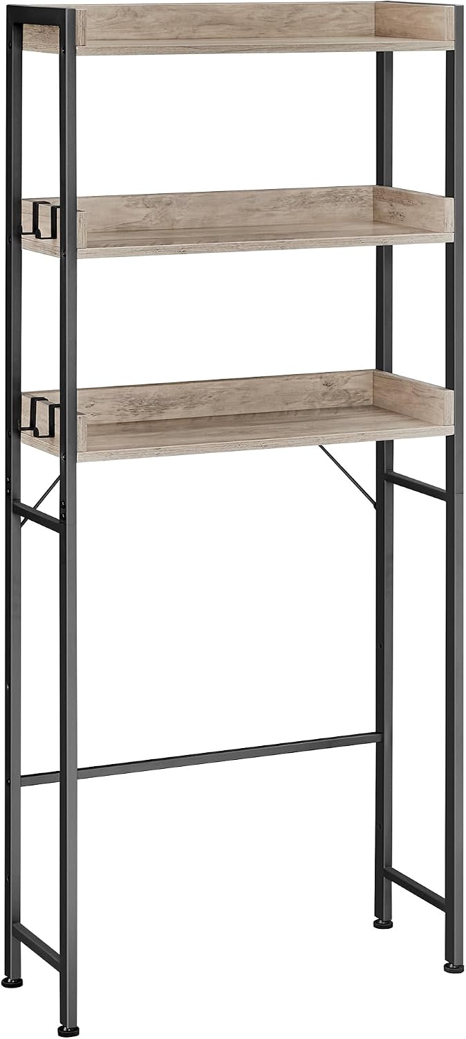 VASAGLE 3-Tier Over-The-Toilet Rack, Space-Saving Bathroom Storage Shelf, Easy to Assemble, Washing Machine Storage Rack, Industrial Style, Greige and Black BTS002B02