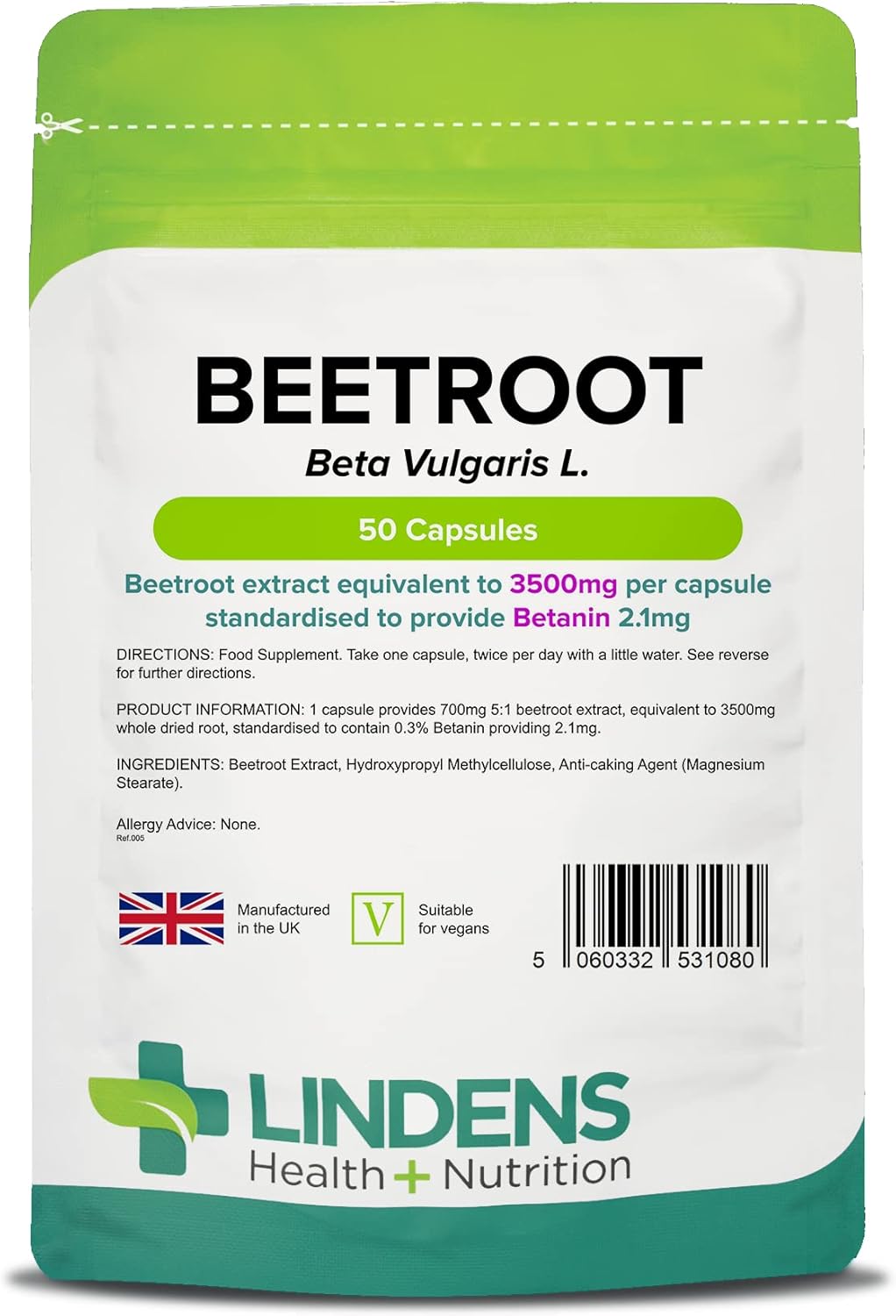 Lindens - Beetroot 7000mg Per Serving - 50 Capsules - UK Manufacturer - Beta Vugaris L, Concentrated Extract - Source of Dietary Nitrates, Popular with Runners & Cyclists - Letterbox Friendly - Vegan