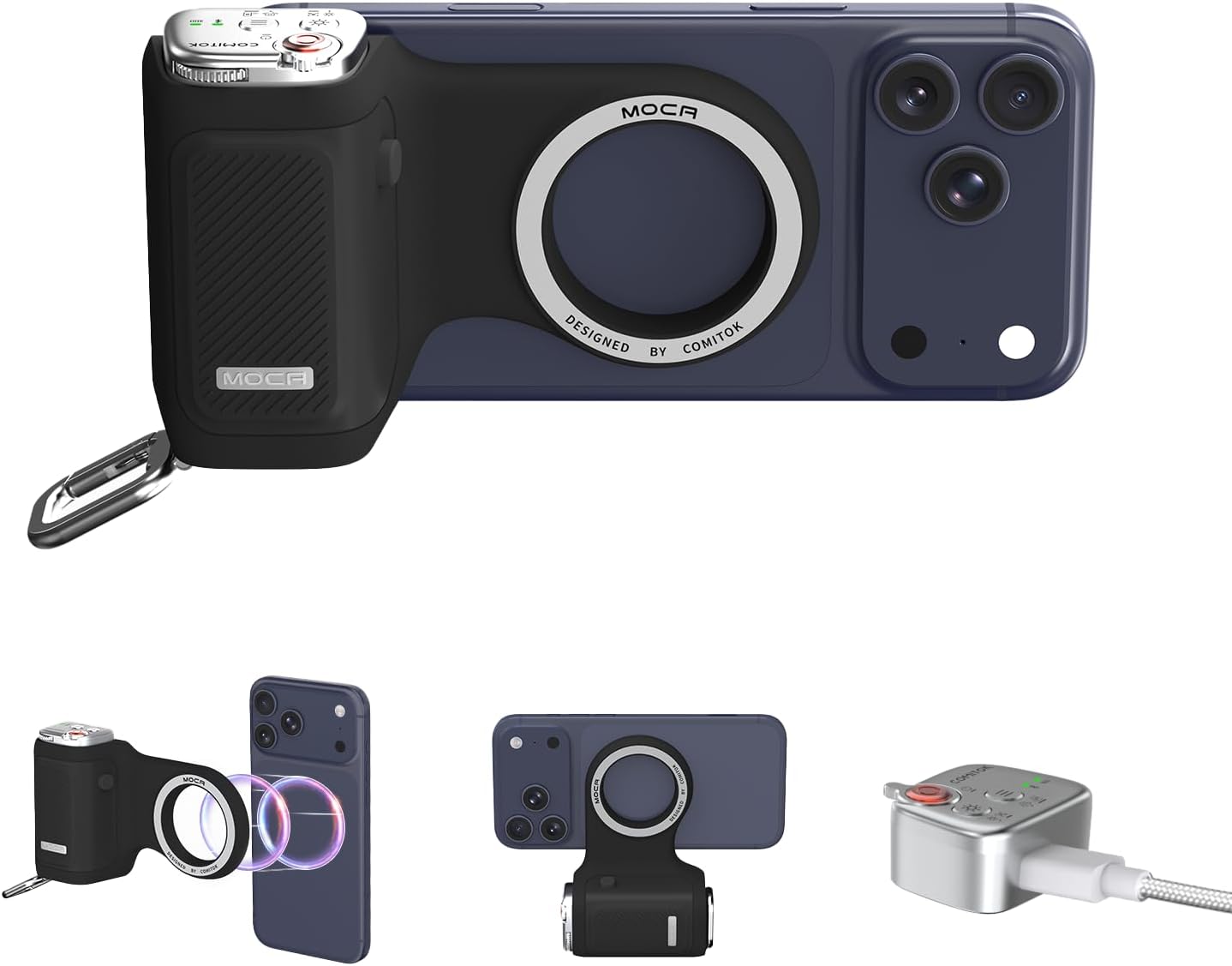 COMITOK MOCA iPhone 17 Pro Camera Grip No Need App for iOS26, Compatible iOS17 and iOS18, Fun Shot Magnetic Grip for Phone Native Camera with Anti-Drop Detachable Remote and Convenient Keychain Hook