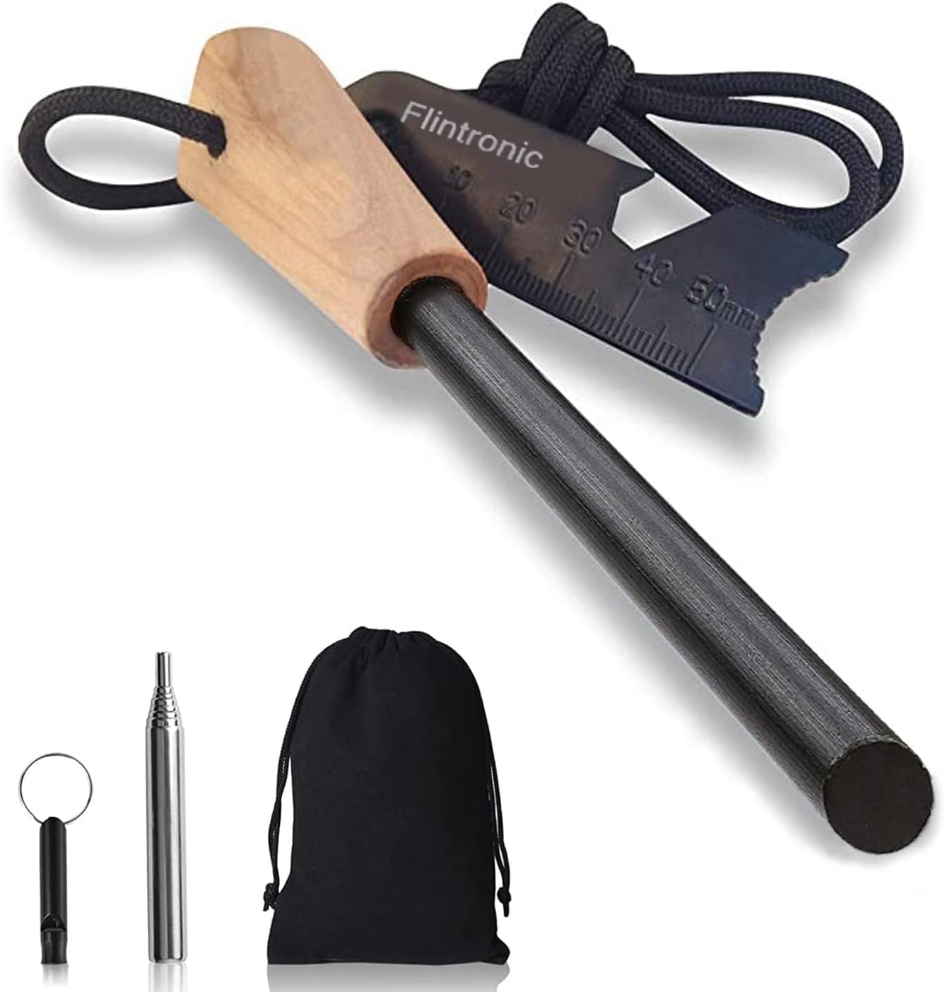 flintronic Survival Fire Steel, Flint Striker Steel Fire Starter Kit, Magnesium Ferrocium Rod Firesteel with Scale Scraper & Whistle, Outdoor Emergency Survival Tool for Travelling Camping Hiking