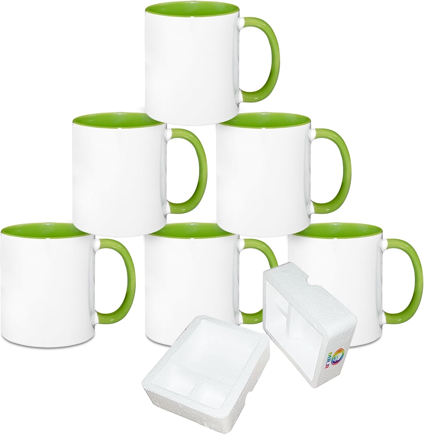 MR.R Sublimation Blanks Dishwasher Ceramic Coffee Mugs with Green Color Mug Inner and Handle Drinking Cup Mug for Milk Tea Cola Water,11oz, Set of 6