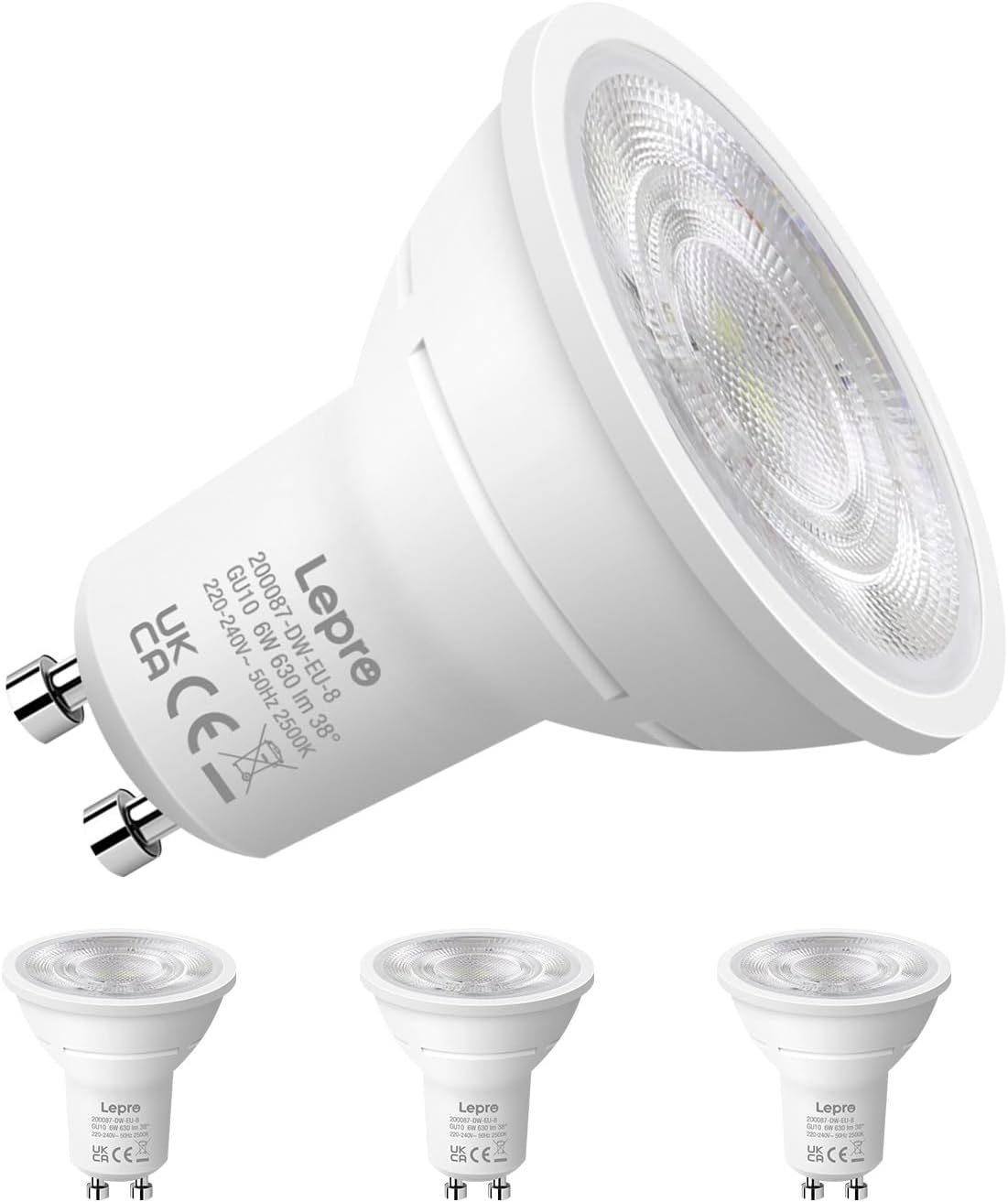 Lepro GU10 LED Spotlight Bulb, 630LM, 6W (80W Equivalent), Daylight White 6500K, 38° Beam Angle, Energy Saving Light Bulbs, Non-Dimmable, 4 Packs