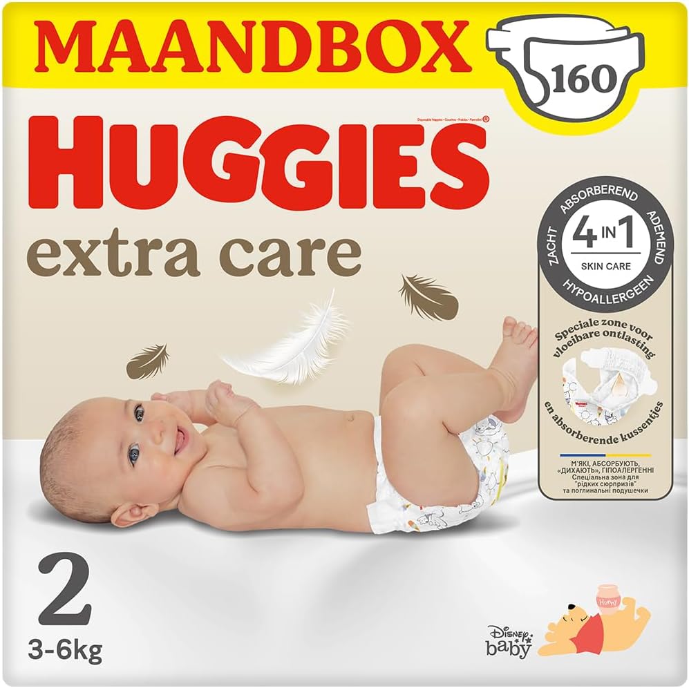 Huggies Extra Care Baby Nappies Size 2 (3-6 kg), Ultra Absorbent, Pack of 160