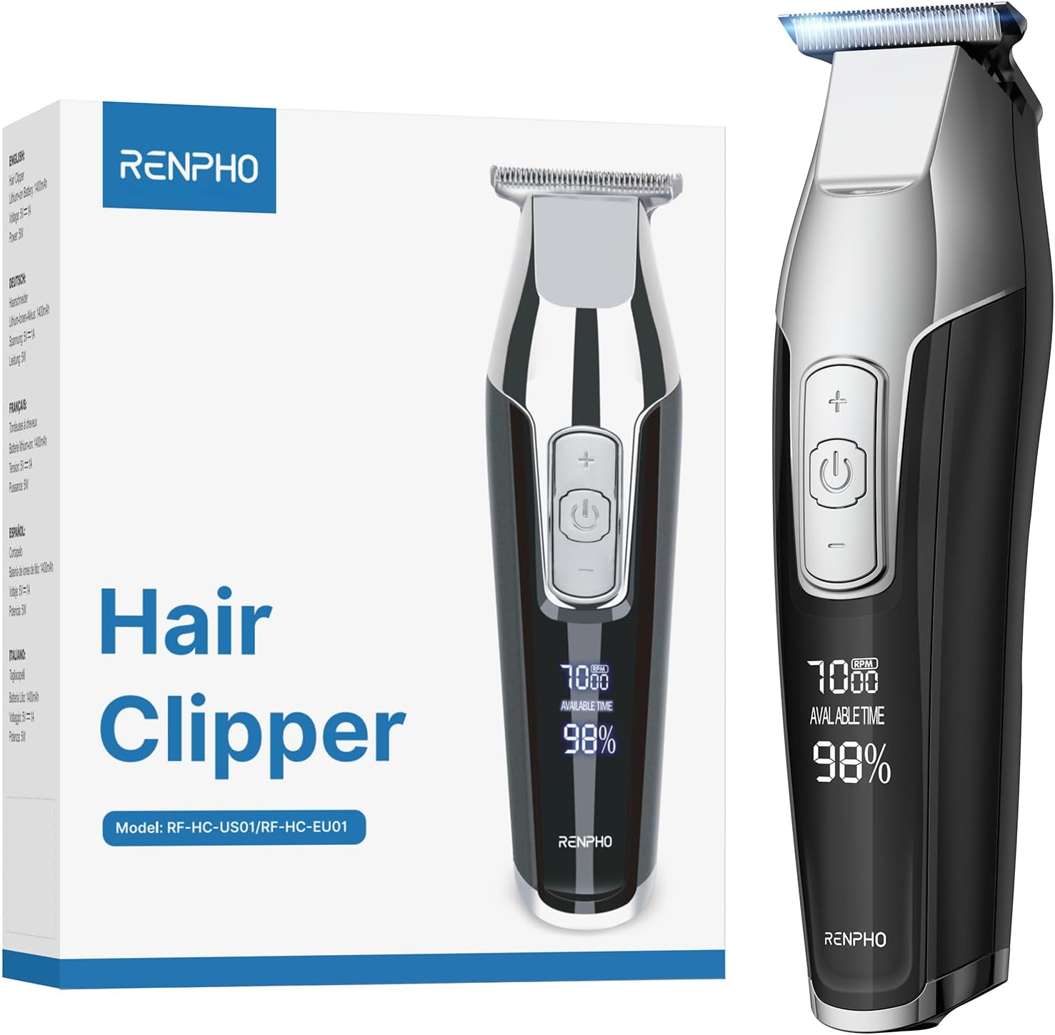 RENPHO Hair Clippers for Men, 4-Speed Beard Trimmer Men Professional Hair Cutting kit, LED Display Cordless Hair Trimmer 0.2mm for Men & Kids, T-Blade Detailer Trimmer 100-240V for Worldwide Travel