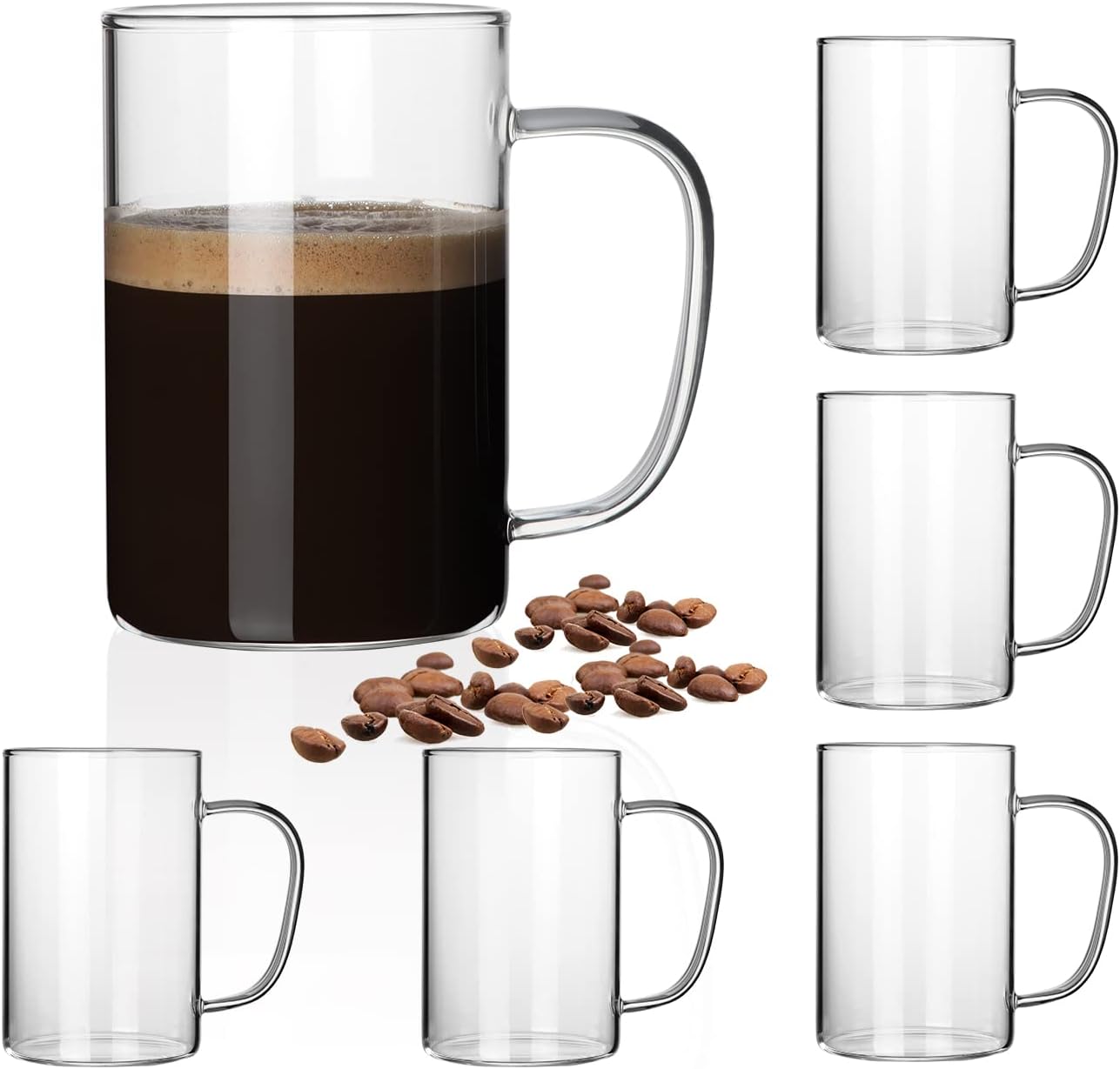 HORLIMER 16 oz Glass Coffee Mugs Set of 6, Clear Coffee Cup with Handle for Tea Cappuccino Latte Milk Juice Hot Beverages