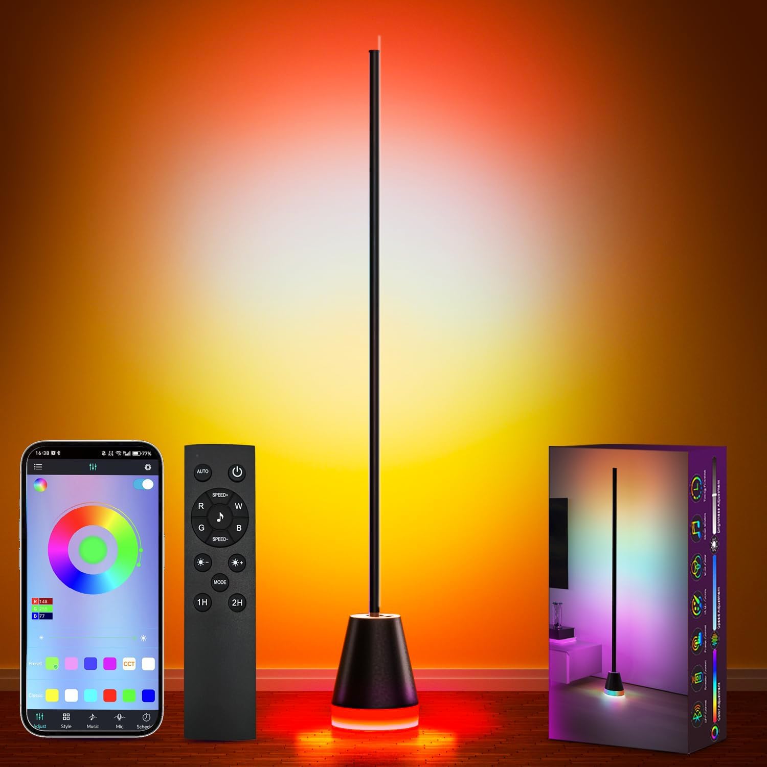 Keepsmile Smart Corner Floor Lamp,16 Million Color Changing RGB LED Light with Remote and APP,Bright Tall Standing Lamp for Living Room with Music Sync,Timing,Modern Moon Lamp for Party,Bedroom