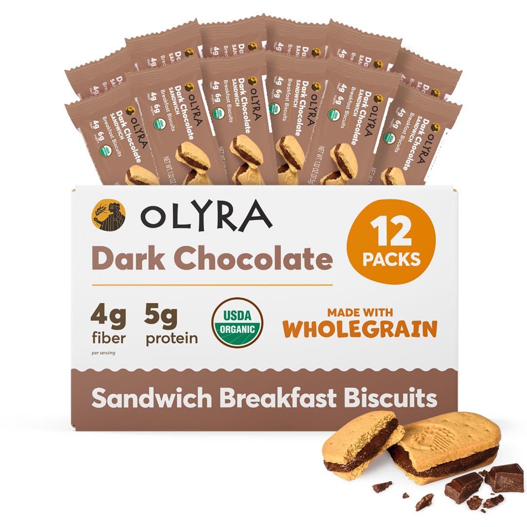 Olyra Dark Chocolate Sandwich Breakfast Biscuits, Healthy Snacks for Adults and Kids, Low Sugar, High Fiber, Organic Vegan Cookies, with Ancient Greek Grains, USDA Certified Organic, Non GMO, 12 Packs