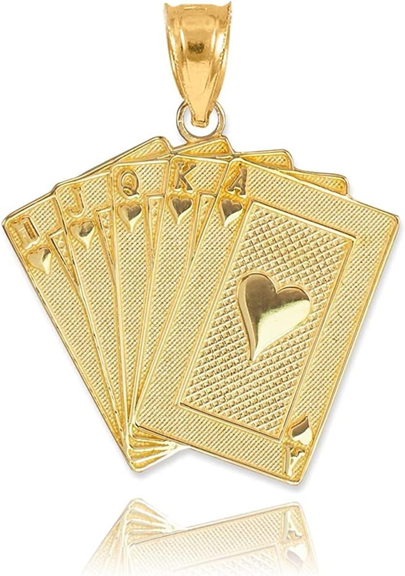 14K Yellow, White, or Rose Gold Heart Suit Royal Flush Poker Hand Cards Pendant Charm