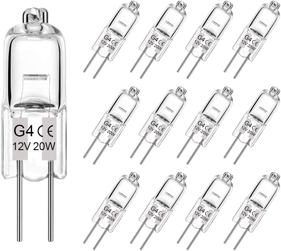 G4 Halogen Bulb 20W, 12 Pack Dimmable Light Bulb for Under Cabinet Puck Light, Chandeliers, Track Lighting, AC/DC 12 Volt, T3 JC Type Bi-Pin Base, Warm White 2700K-3000K