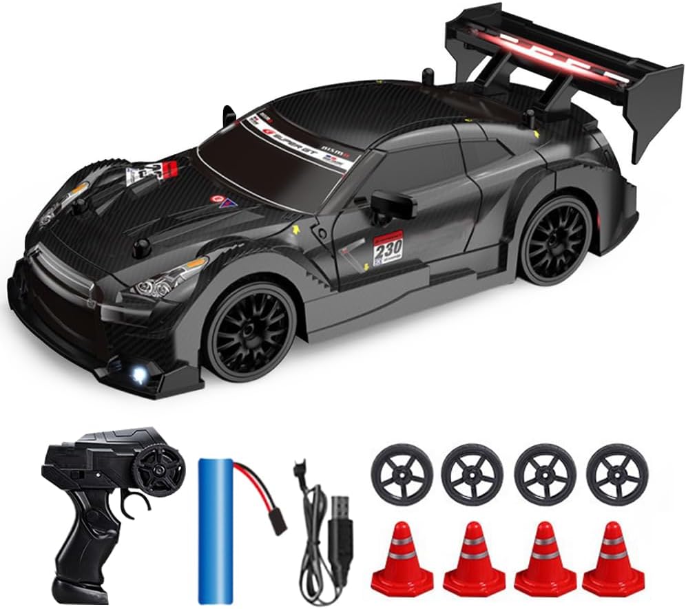 Vmxlso RC Drift Car, 1:24 Remote Control Car, 2.4GHz, 30km/h High Speed 4WD, with Cool Lighting, Racing Tires, 2 Batteries, Toy Gifts for Kids, for Drift and Race