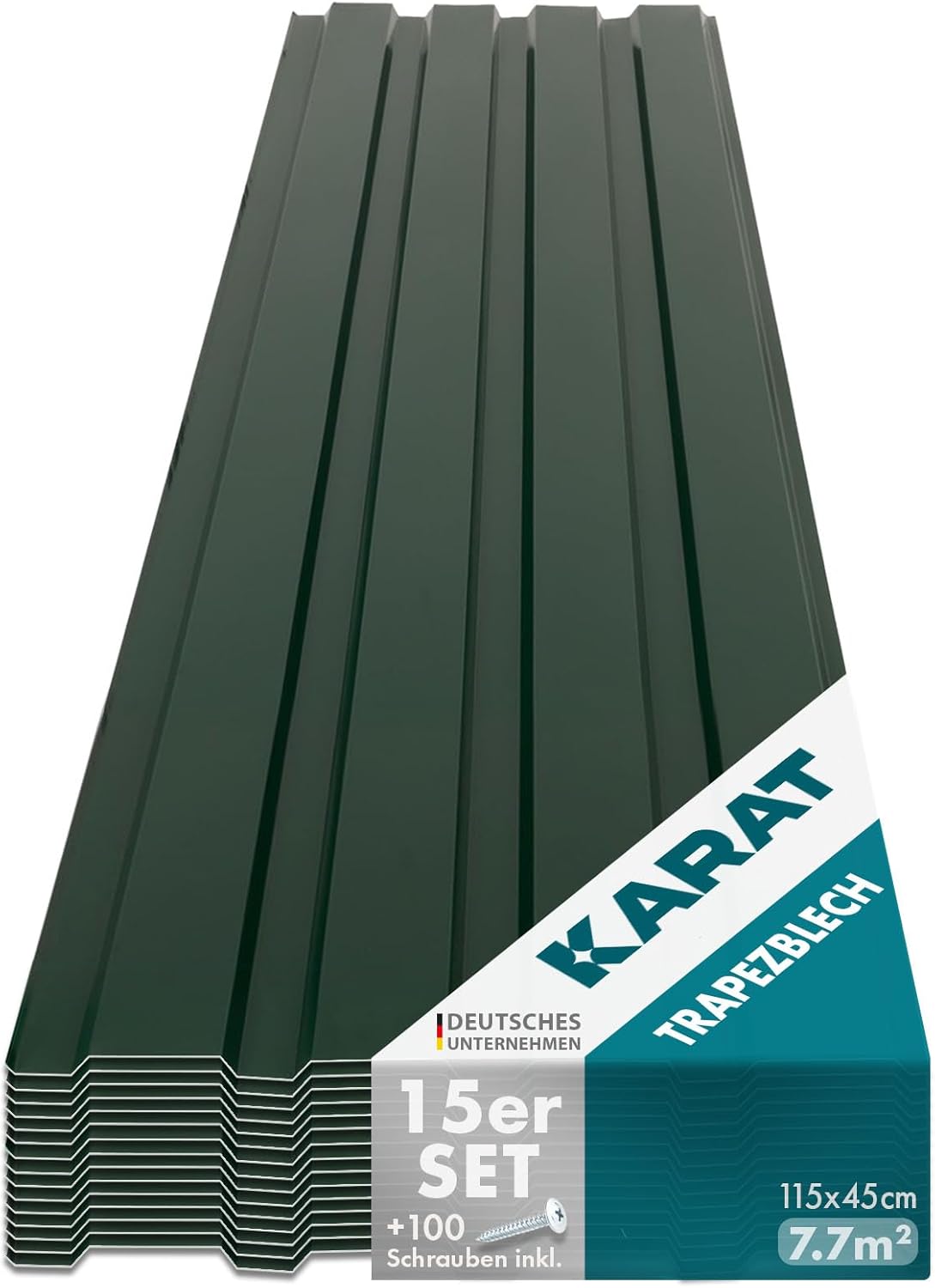 KARAT Metal Roofing Sheets 115 x 45 cm (Pack of 15) 7.7 m² Corrugated Roof Sheeting Plates Cladding for Garage, Shed, Carport and Greenhouse, Galvanised Coated, Green (incl. 30x Screws)