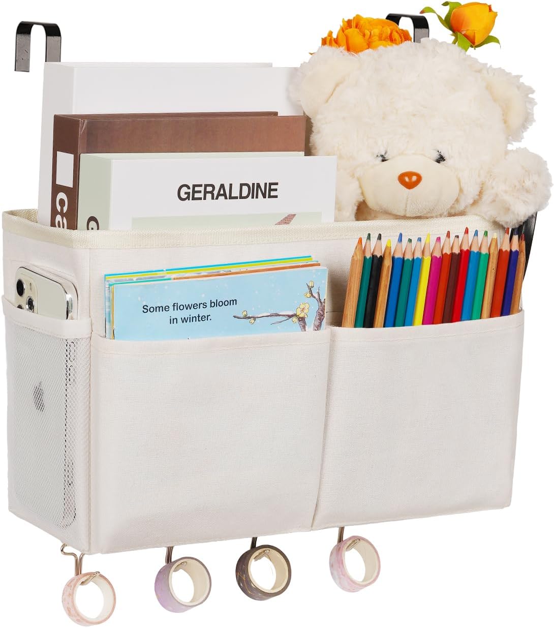 Bedside Storage Organizer 5 Pockets with 4 Hooks Hanging Storage Bag for Headboards/Bunk Bed (White)