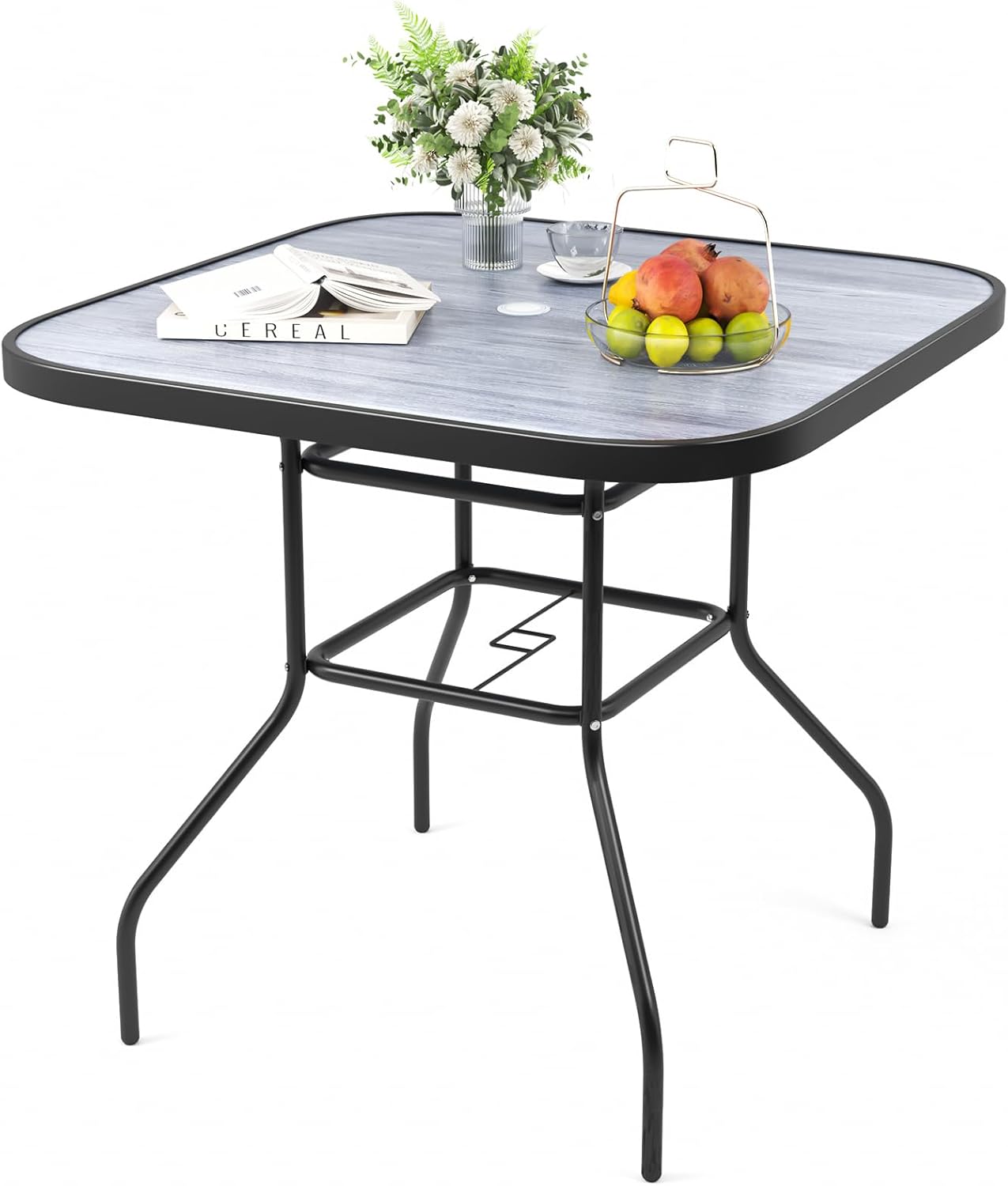 The Fellie Garden Table Patio Table with Parasol Hole Wood Grain Tempered Glass Top Outdoor Dining Table Square Bistro Table