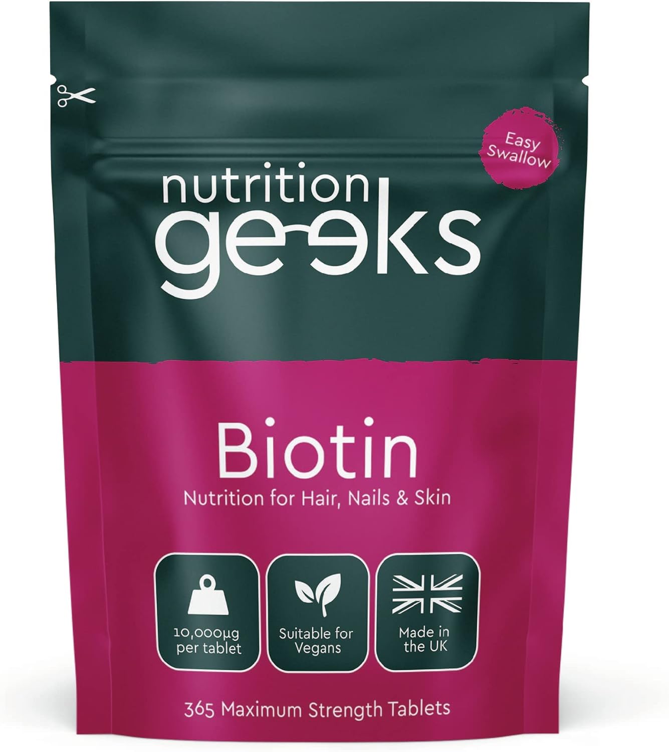 Biotin Hair Growth Supplement - 1 Year Supply High Strength Biotin 10,000mcg Per Tablet, Hair Skin and Nails Vitamins for Women & Men, 365 Vegan Biotin Tablets - Easy to Swallow UK Made Hair Vitamins