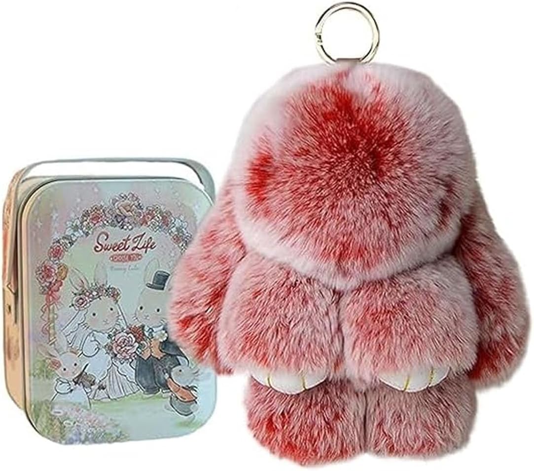 Bunny Lulu keychain with tin, handmade soft and cute rabbit pompom pendant, Bunny Cute Plush Keychain