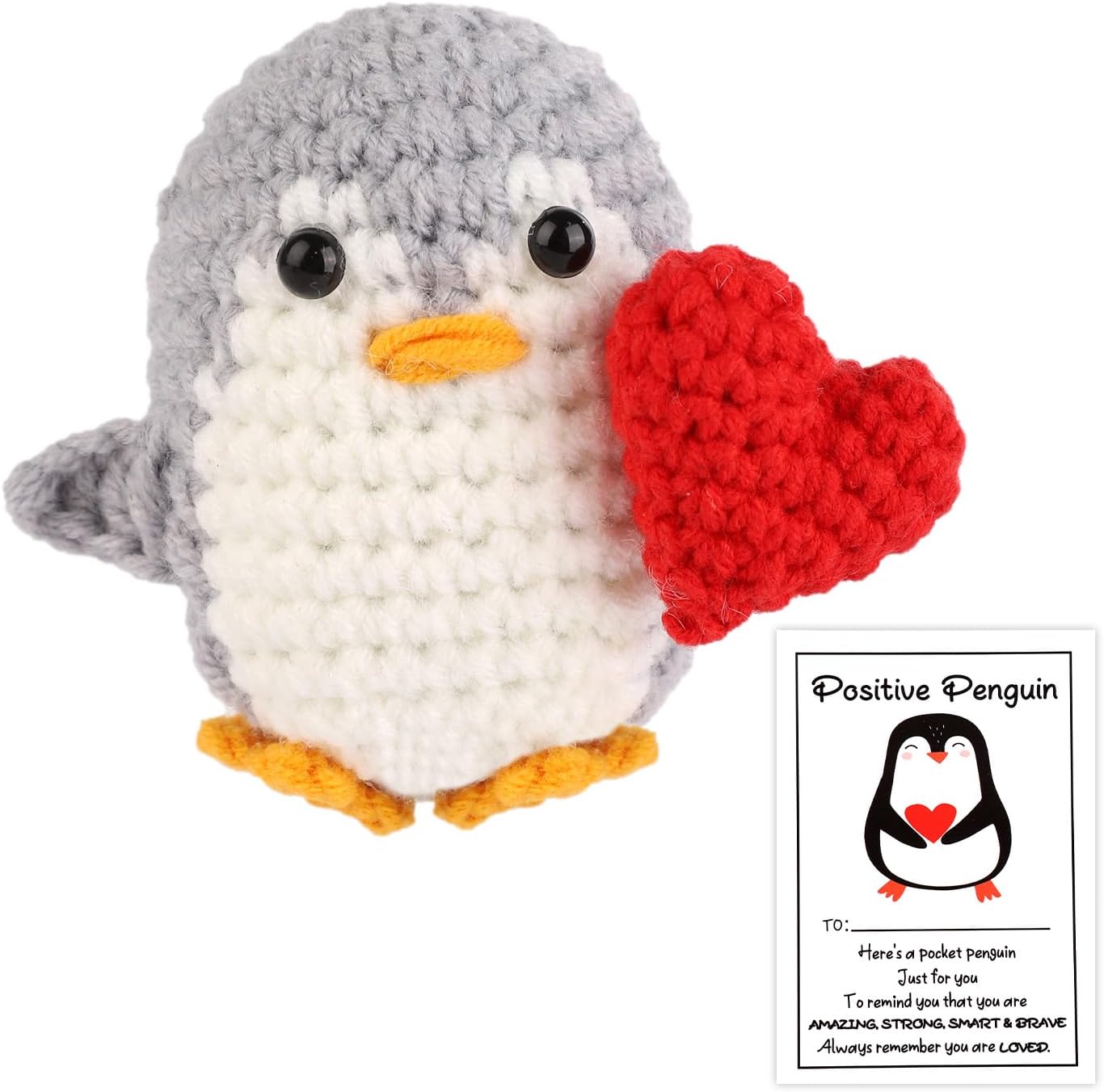 TOYMIS Positive Penguin with Heart, Crocheted Penguin Pocket Hug, Knitted Wool Doll for Party Decoration, Inspirational Gift