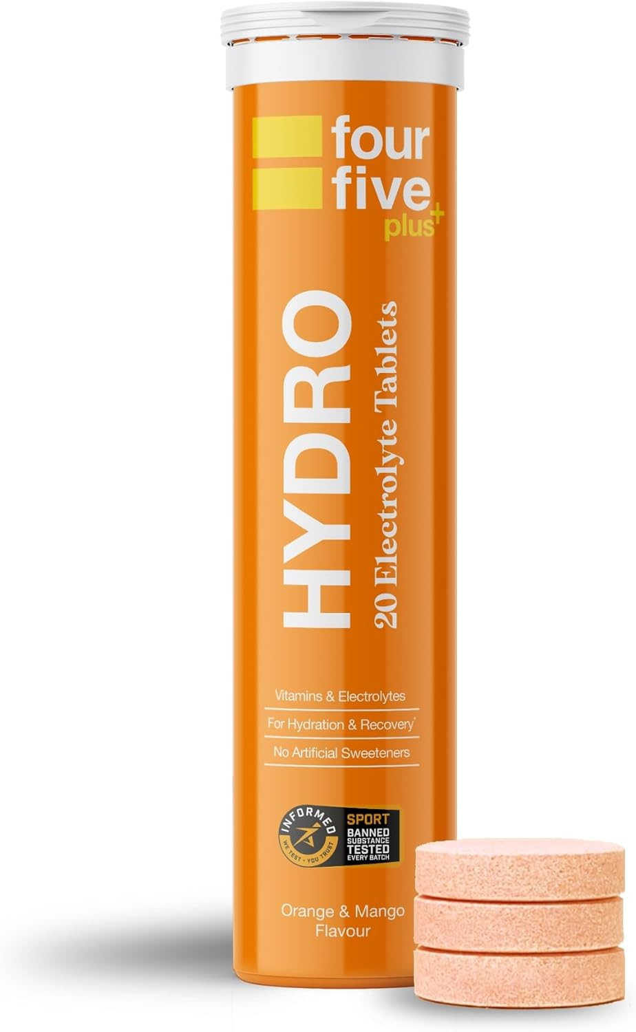 fourfive Hydration Tablets (Orange & Mango) Low Calorie Vitamin Electrolytes, Vegan, Magnesium & Calcium, Sports Hydration - 1x20 Effervescent Tablets