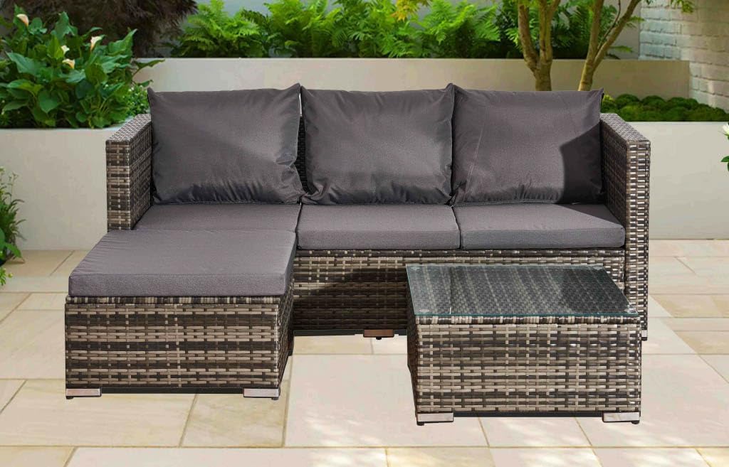 COSMO BUY 4-Seater L-Shape Mix Grey Rattan Corner Sofa Set 3 Piece Indoor/Outdoor Home Rattan Garden Furniture Sets Patio Wicker Backyard Conservatory Sofa With Glass Top Coffee Table & Cushions