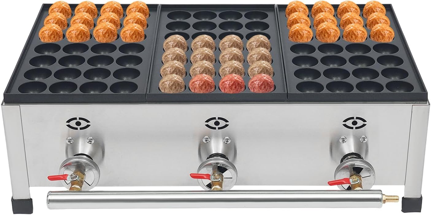 Commercial Gas Takoyaki Maker Machine, 28-Hole Stainless Steel Takoyaki Pan Octopus Balls Maker with 3 Burners Control for Restaurants & Food Stall, Mochi Maker Machine