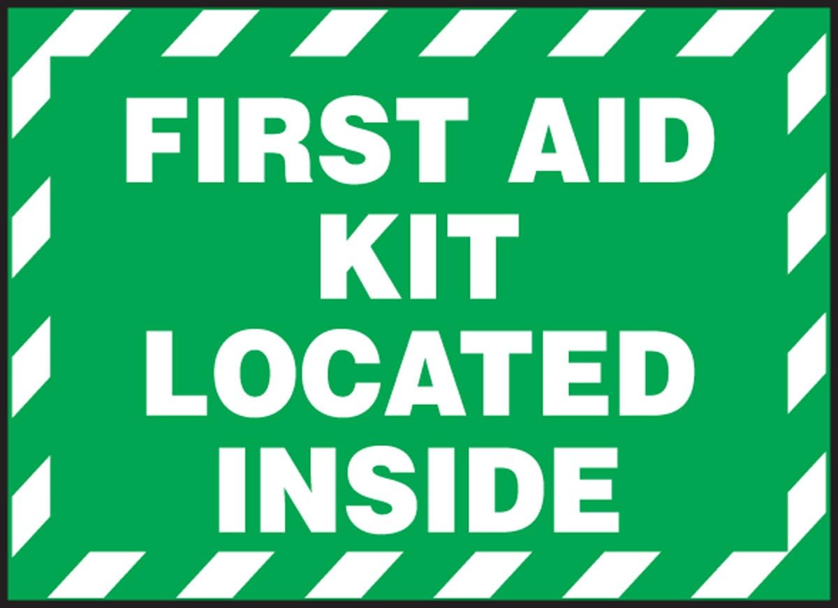 Accuform Signs LVHR560XVE Safety Label, Legend "First AID KIT Located Inside", 3.5" Length x 5" Width x 0.006" Thickness, Adhesive Dura-Vinyl, White on Green
