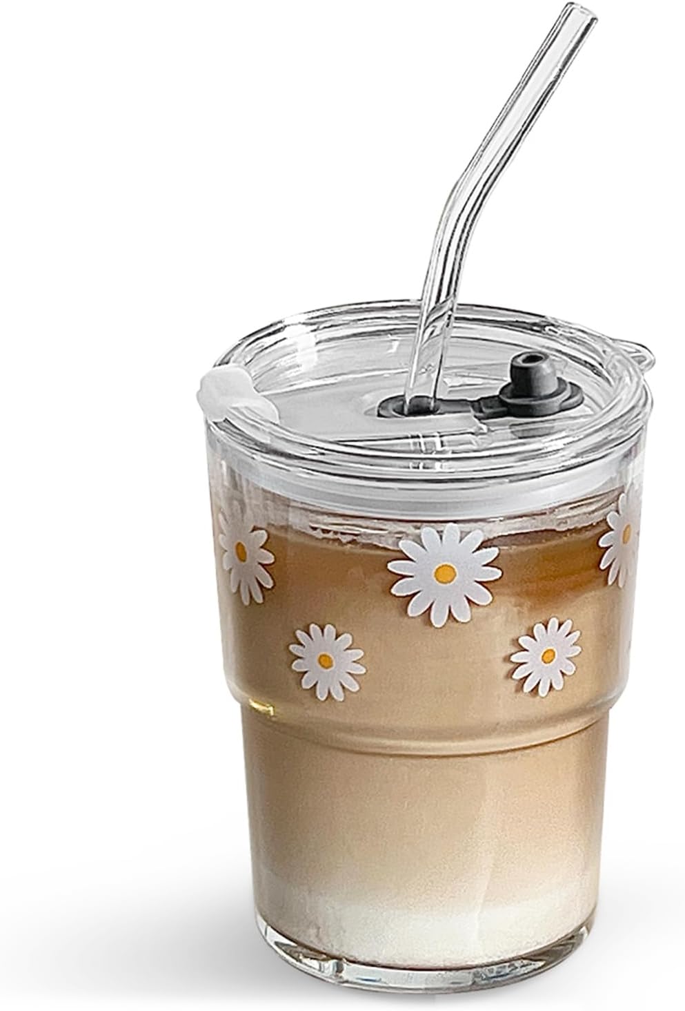 13oz Glass Tumbler with Straw and Lid, Reusable Iced Coffee Cup Tumbler, Cute Glass Cups for Water, Matcha, Travel Coffee Mugs (Daisy)