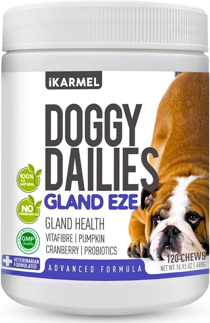 iKARMEL Doggy Dailies | Advanced Anal Gland Support Chews for Dogs | No Scoot Pet Supplements | Fibre Supplement With Pumpkin Powder for Dogs | Dog Digestion Tablets Formulated by Vets | 120