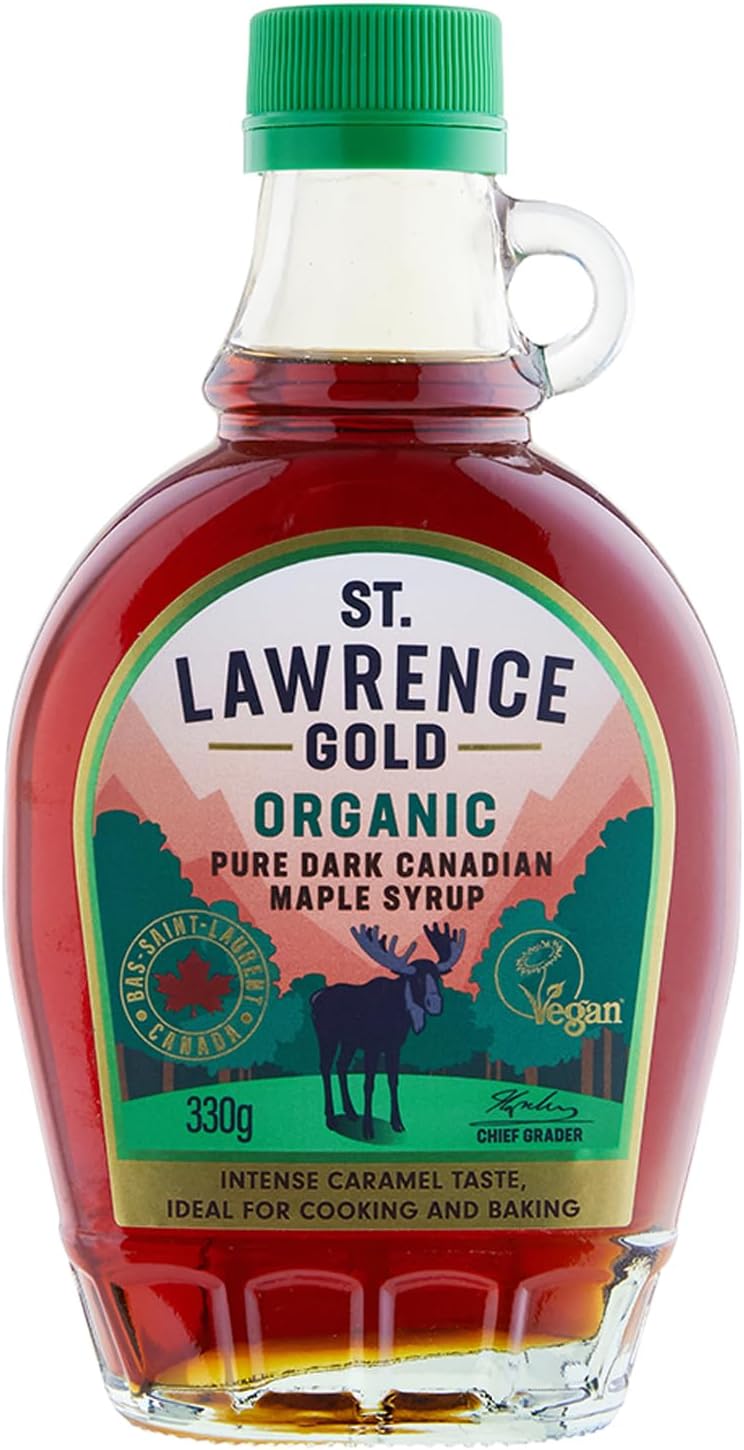 St Lawrence Gold Organic Maple Syrup 250ml - 330g Grade A, 100% Pure Canadian Dark Maple Syrup for Pancakes, Waffles, Cooking and Baking - Robust, Caramel Taste - Gluten Free, Vegan