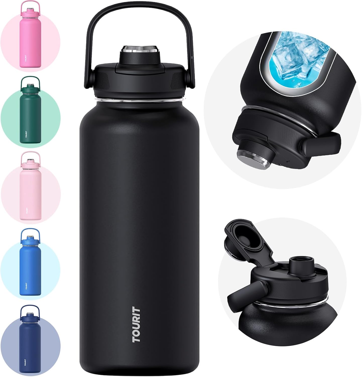 TOURIT 32 oz Insulated Water Bottle, Stainless Steel Sports Water Bottles With Top Handle, Double-Wall Travel Thermal Water Flask, BPA Free Leakproof Thermos Bottle for Sports and Travel (Obsidian)