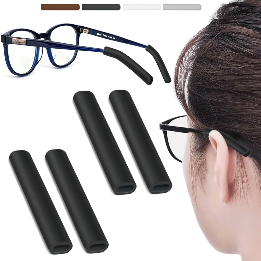 2 Pairs Silicone Glasses Ear Cushion, Eye Glasses Ear Grippers Anti Slip, Glasses Ear Grips Non Slip, Eyeglass Ear Cushions for Pain, Temple Sleeves Tips Ear Pads for Glasses Slip Preventer (Black)