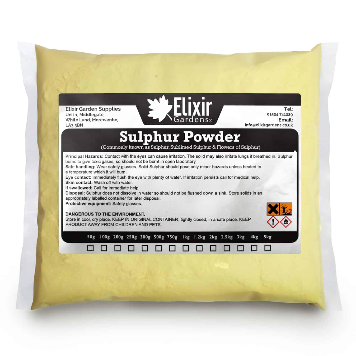 Elixir Gardens Flowers of Sulphur 99.99% Purity Fungicide & Soil Conditioner | Sulphur Powder Fertiliser | Various quantities available from 50g to 5kg | 50g