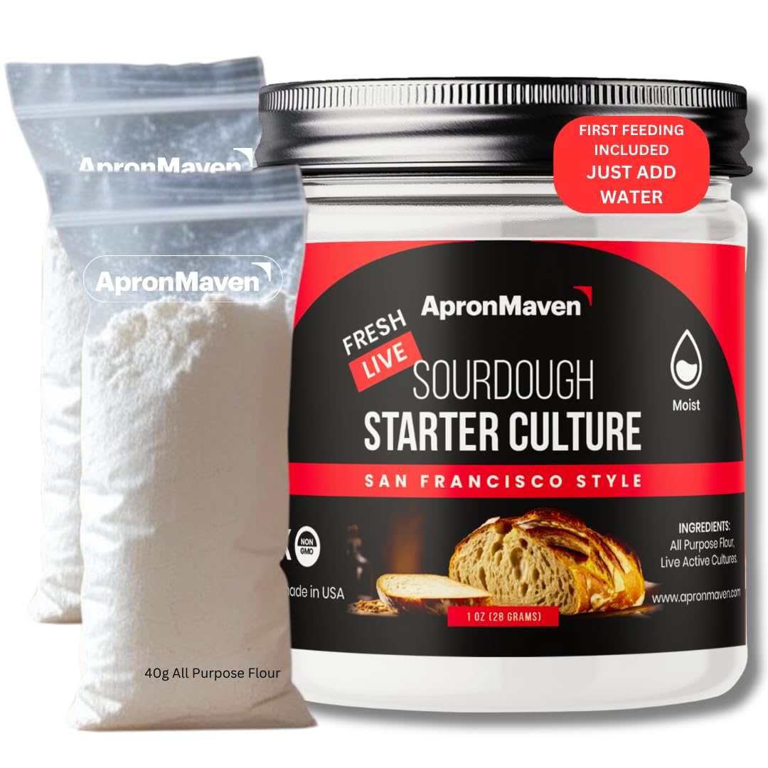 Apron Maven Sourdough Starter Culture Live with Pre-Measured Flour for First Feeding - Just Add Water - Sourdough Bread Baking Supplies - Easy Sourdough Starter Kit - San Francisco Style Sour Dough - 100+ Years Old