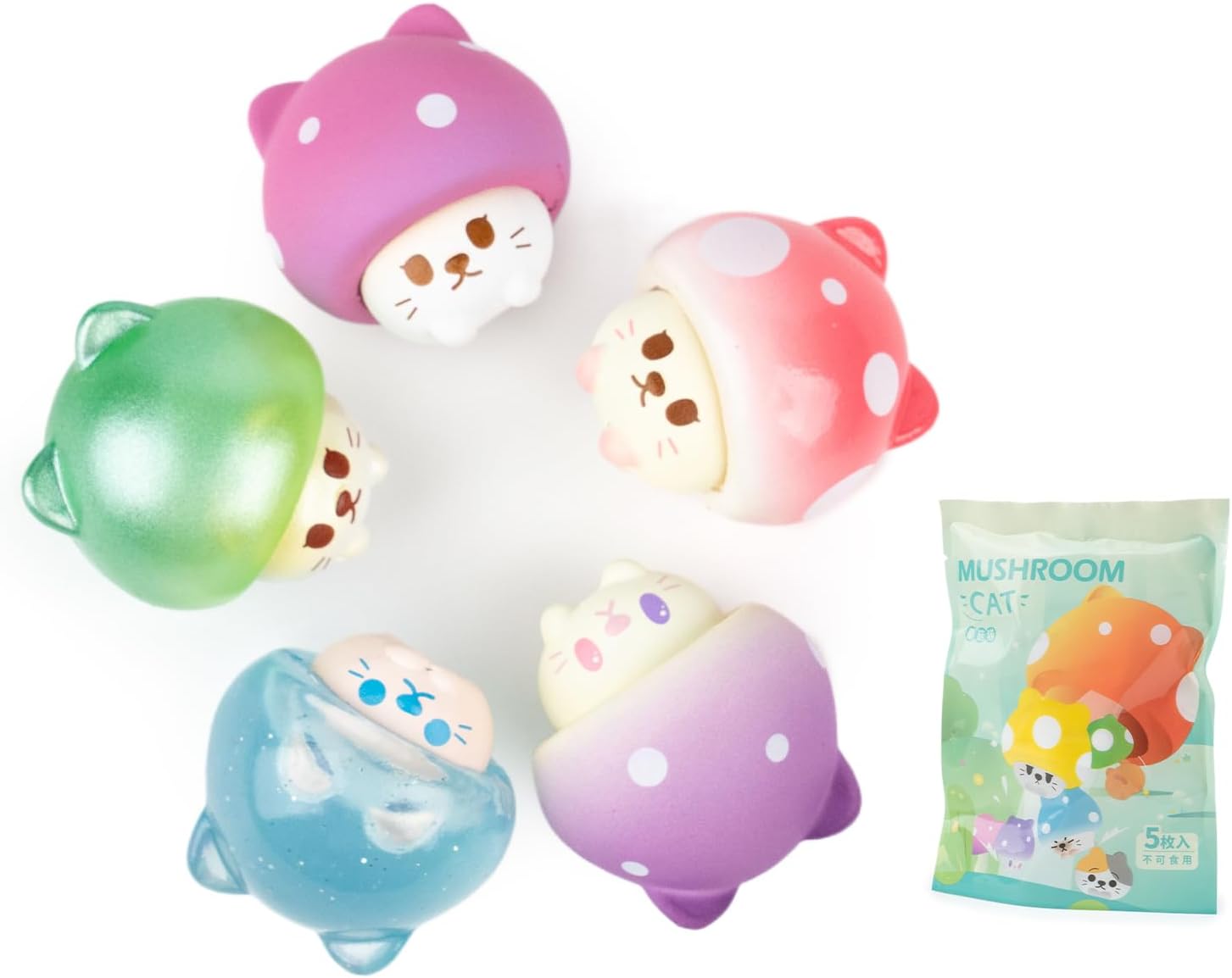 BEEMAI Mushroom Cat Series Blind Pack (5PCs in one Bag) Random Design Cute Figures Collectible Toys Birthday Gifts