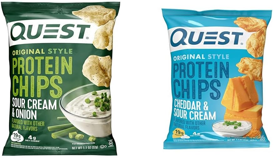 Quest Nutrition Protein Chips, Sour Cream & Onion, High Protein, Low Carb, Pack of 12 & Protein Chips, Cheddar & Sour Cream, High Protein, Low Carb, 1.1 Ounce (Pack of 12)