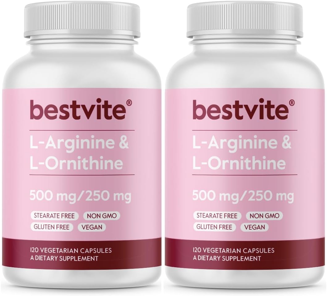 BESTVITE L-Arginine L-Ornithine 500-250 (240 Vegetarian Capsules) (120 x 2) - No Stearates - No Fillers - Vegan - Non GMO - Gluten Free - No Calcium Silicate