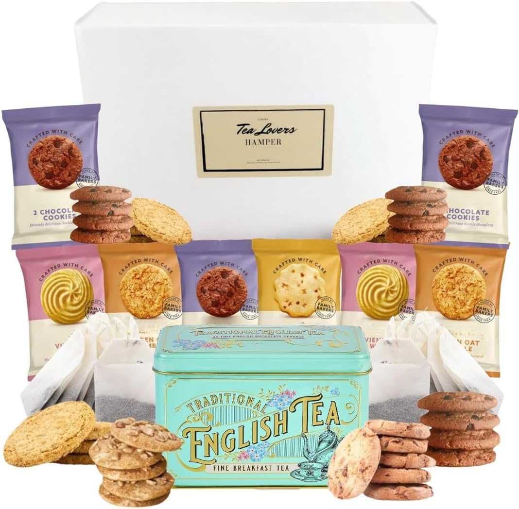 Tea and Biscuits Gift Set Hamper With Traditional British Biscuit Selection, Premium English Tea Tin & 40 Tea Bags, Viennese Whirls Choc Chip Cookies & More | Tea and Biscuit Lovers Gift Set