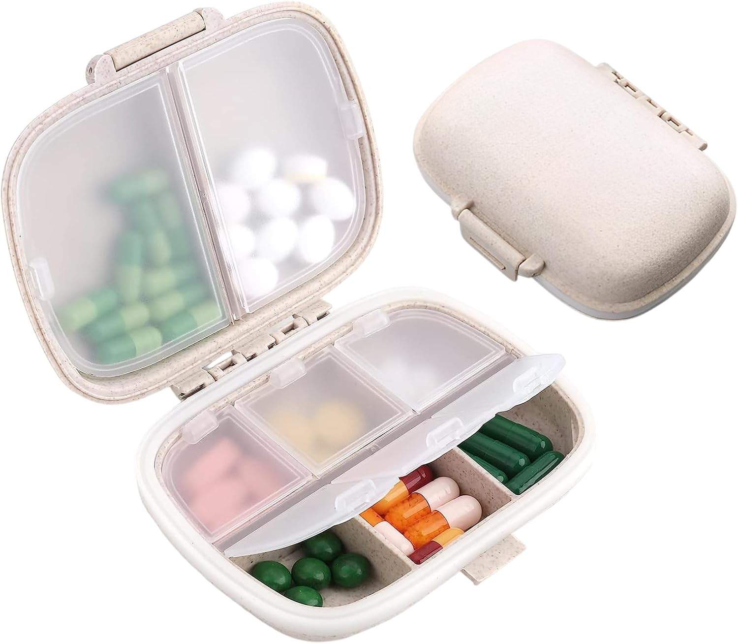 Pill Organizer,8 Compartments Travel Pill Organizer,Daily Pill Box to Hold Vitamins,Small Pill Container for Pocket Purse Medicine Organizer(Beige)