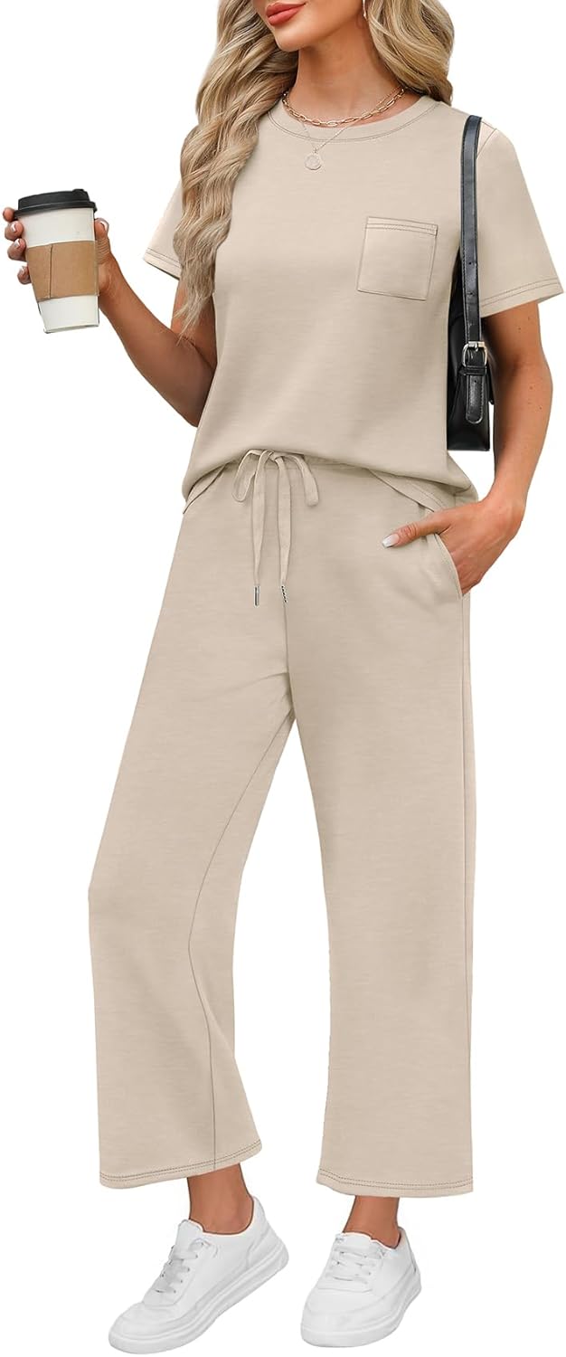 WIHOLL 2 Piece Sets for Women Casual Summer Travel Vacation Outfits Short Sleeve Wide Leg Crop Pants Lounge Sets