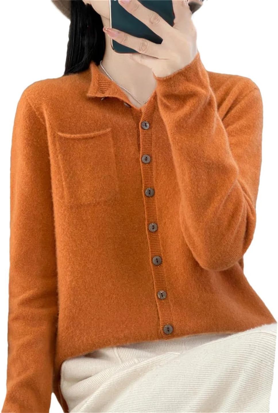 Vsadsau Women's Solid Color Cardigan Sweater Stand Collar Long Sleeve Buttons Casual Outwear