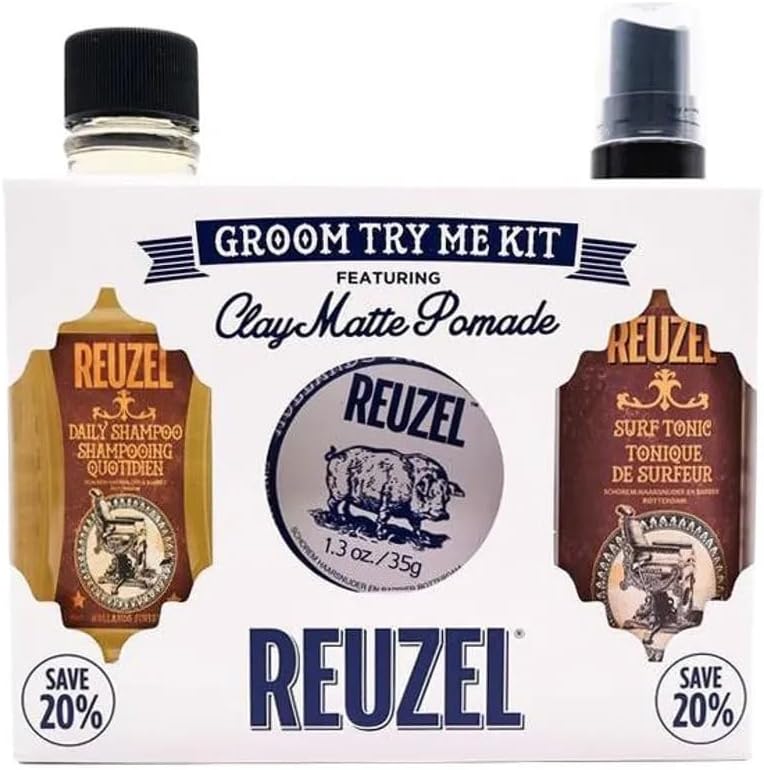 Reuzel Groom Try Me Kit Clay Matte Pomade Hair Styling Set and Travel Set: Clay Matte Pomade 35 g, Daily Shampoo 100 ml, Surf Tonic 100 ml