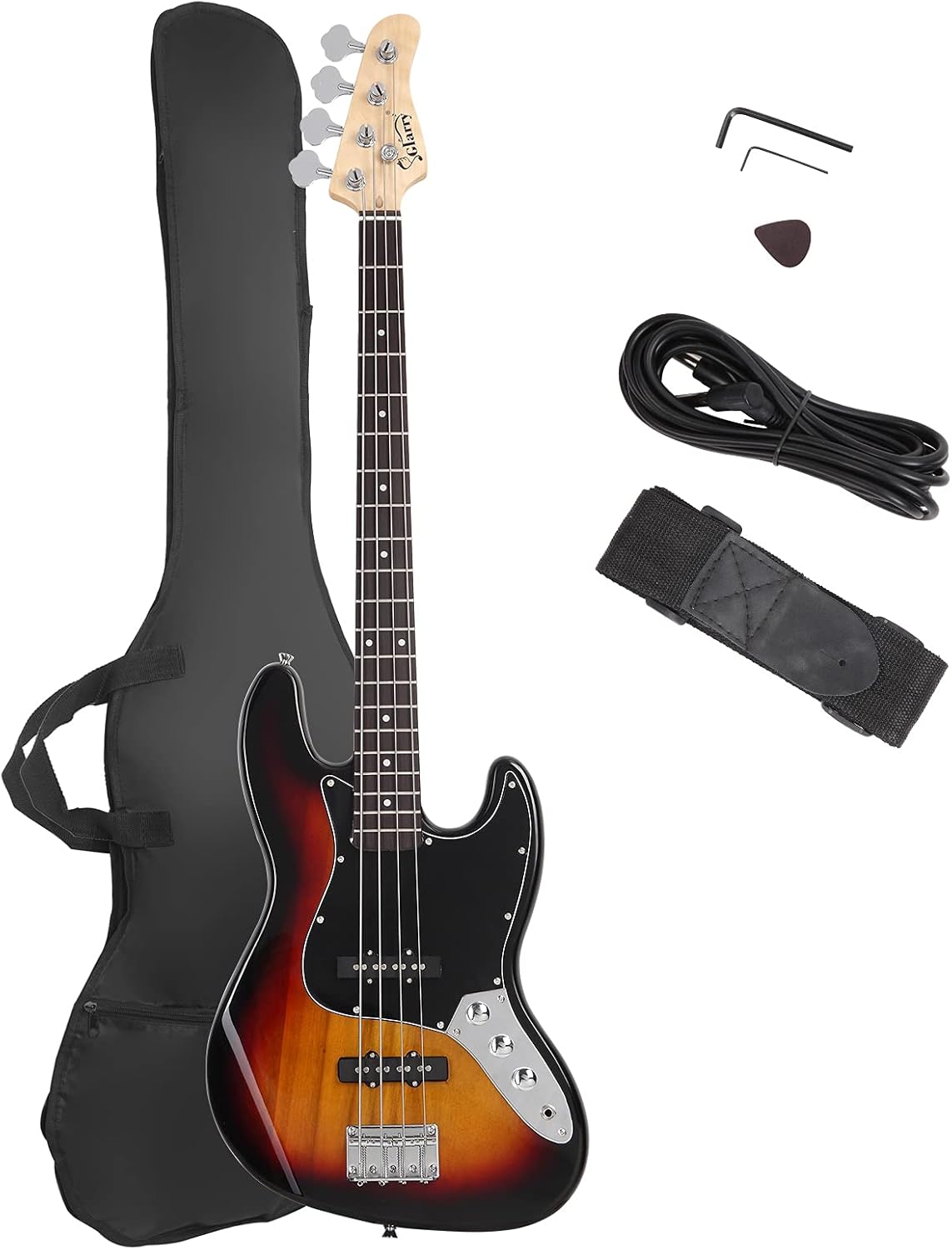 GLARRY 4 String GJazz Electric Bass Guitar Full Size Right Handed with Guitar Bag, Amp Cord and Beginner Kits (Sunset)