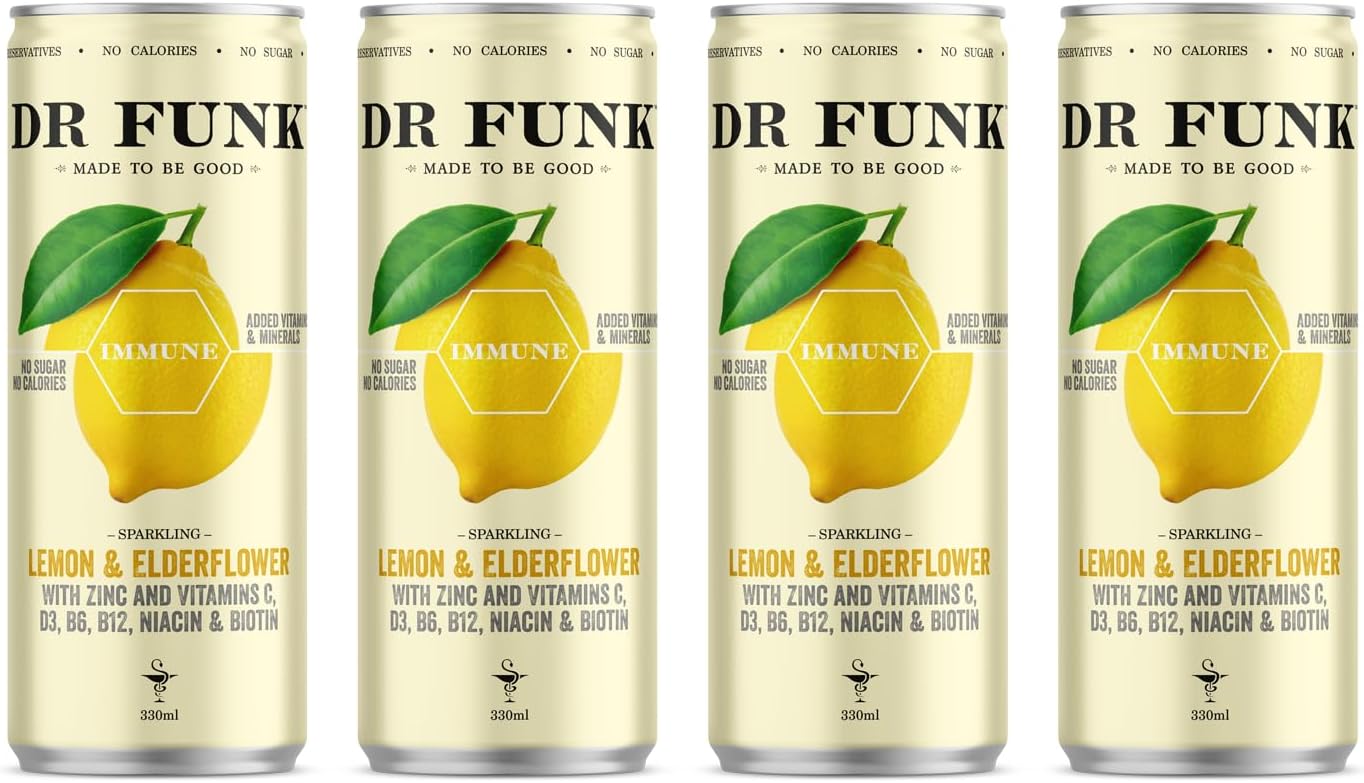 Dr. Funk Lemon & Elderflower Sparkling Flavoured Water with NO Sugar & NO Calories with 6 added Vitamins and 1 Essential Mineral, Pack of 4 x 330ml cans