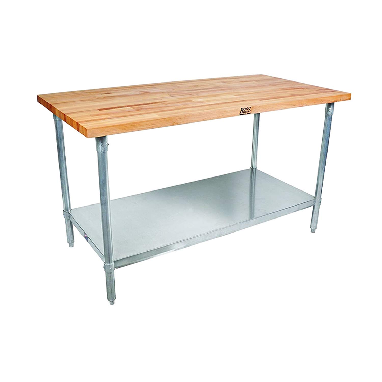 John Boos JNS09 Maple Wood Top Stallion Work Table, Galvanized Legs, Adjustable Lower Shelf, 1-1/2" Thick, 48" Length x 30" Width