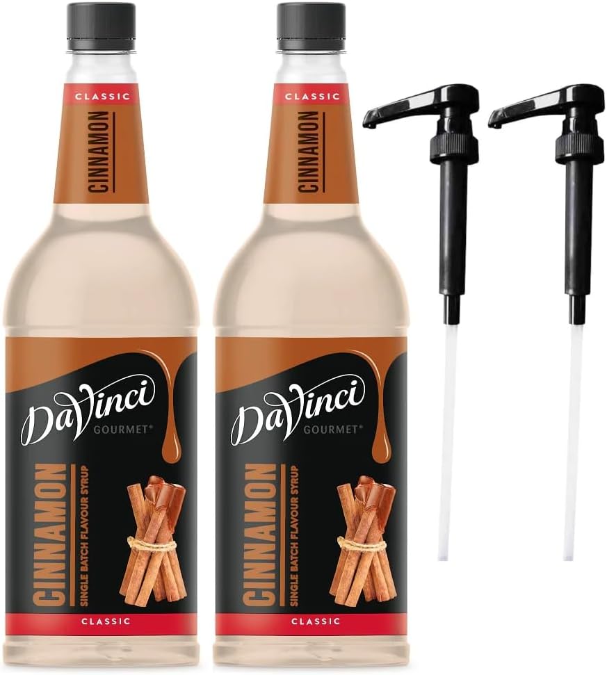 DaVinci Gourmet Cinnamon 1L (1000ML) Syrup for Coffee & Drinks with Pumps. (Pack of 2 Bottles With 2 Pumps)