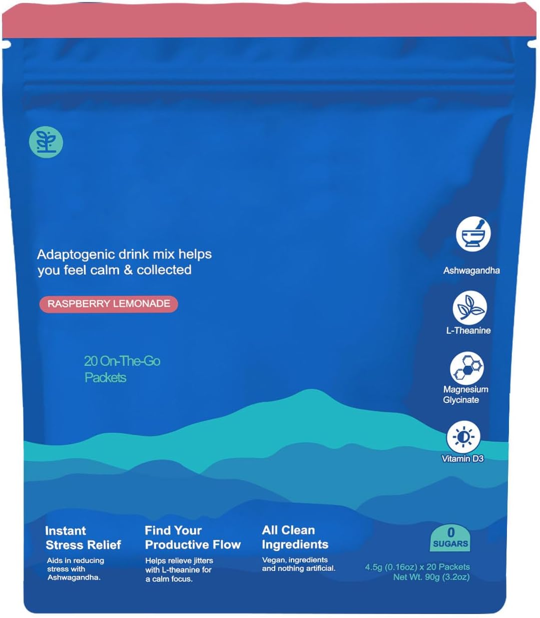 Naurure Powdered Drink Mix, Raspberry Lemonade, L Theanine, Vitamin D 3,Ksm-66 Ashwagandha, Magnesium Glycinate,Raspberry Lemo, Vegan, & Non-GMO,No Sugar