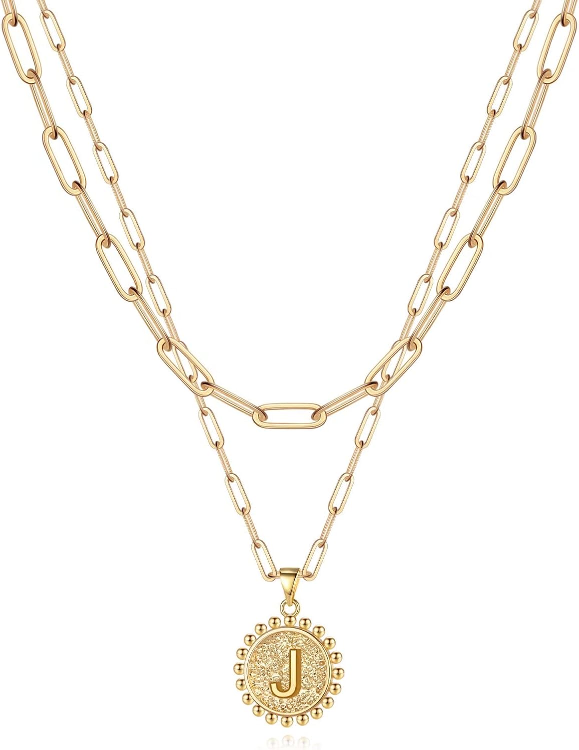Yoosteel Gold Initial Necklaces for Women, 14K Gold Plated Dainty Layering Paperclip Link Chain Necklace Coin Initial Layered Necklaces for Women Personalized Birthday Gifts