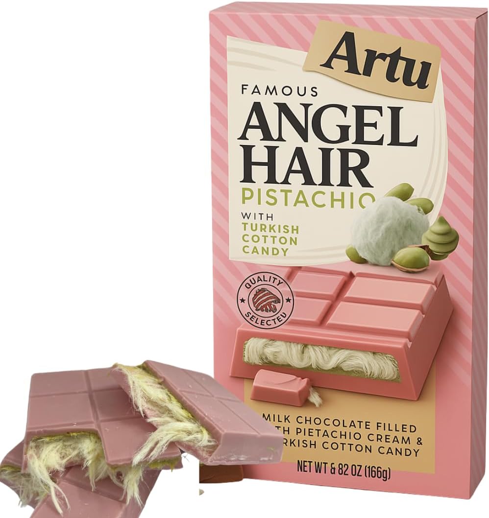 Artu Angel Hair Chocolate 165g - Ruby Raspberry Flavoured Turkish Chocolate Bar with Pistachio Cream & Cotton Candy Filling - Dubai Chocolates Bar Style - Small Gifts (Pack of 1)
